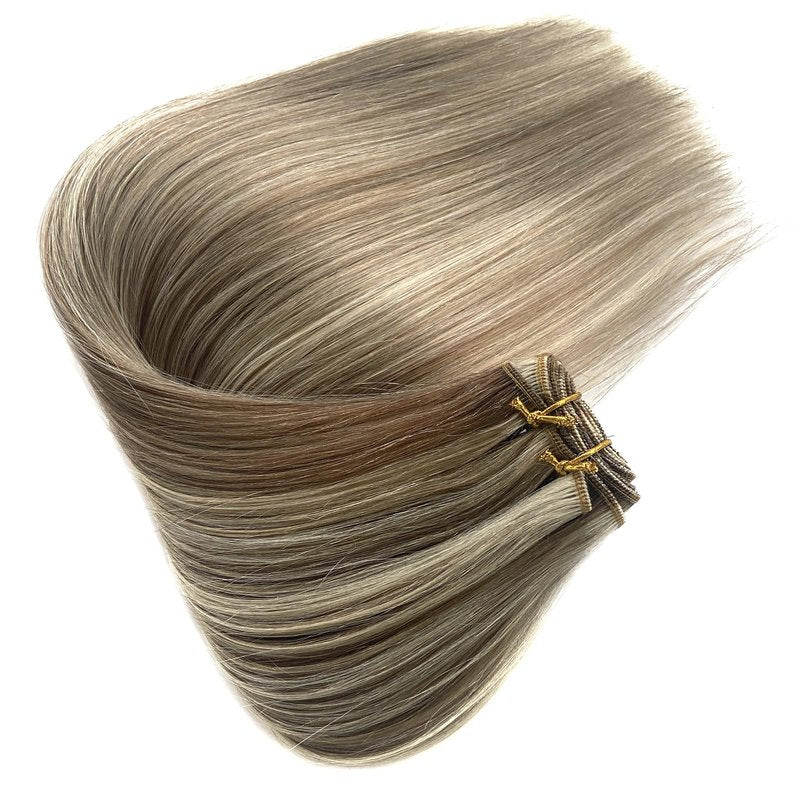 Sew in Hair Extensions Real Human Hair, Weft Hair Extensions Human Hair Bundles 14 Inch 80G Ash Brown and Blonde Balayage Ash Blonde Highlights Hand Tied Weft Hair Extensions Human Hair Weave Bundles