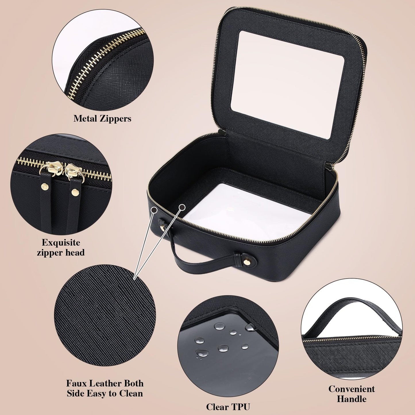 Pinkmik Clear Makeup Bag for Women Waterproof Travel Cosmetics and Toiletries Case Portable Makeup Oaganizer Bag Clear Car Bag with Zipper (Black, M+L)