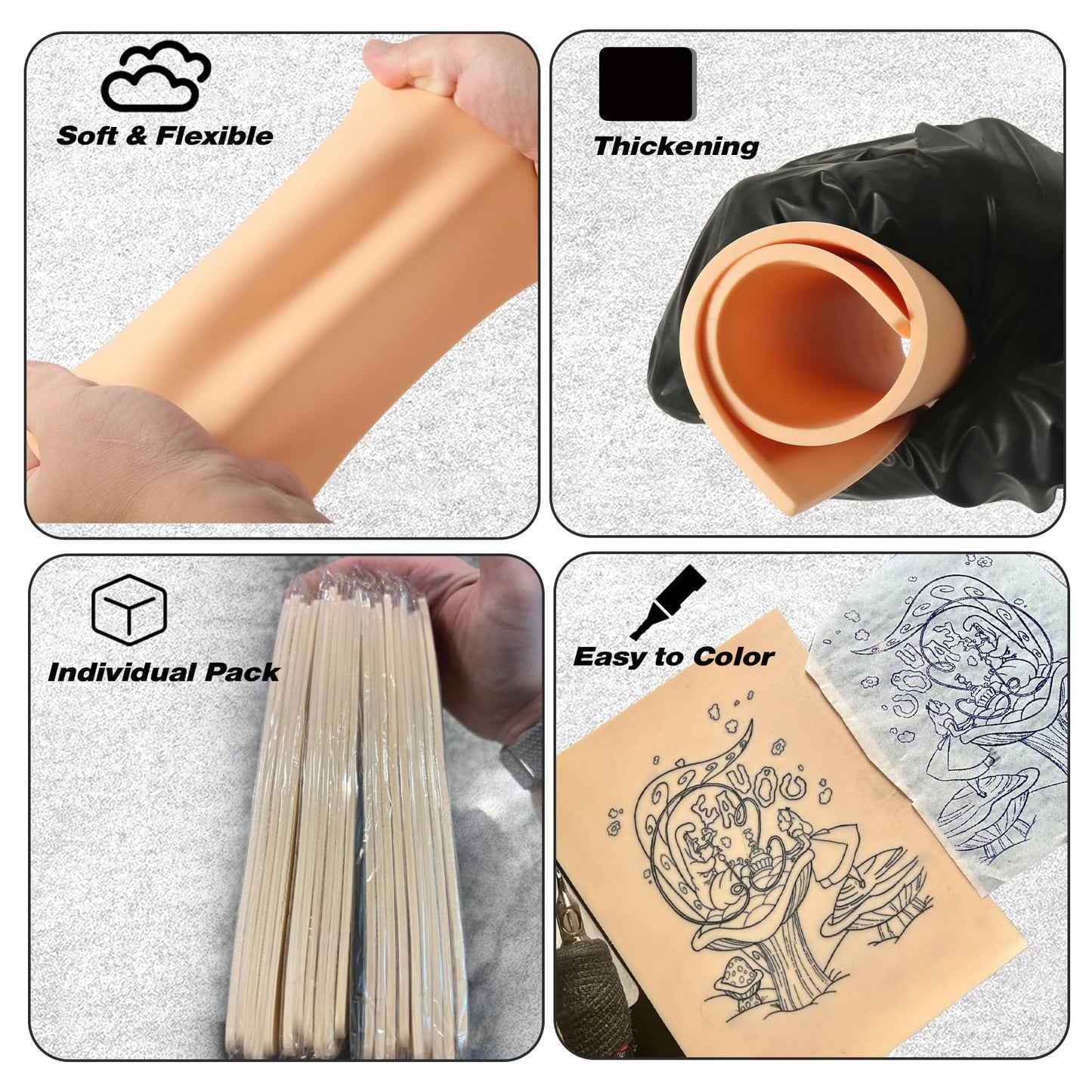 WORLDGET 15Pcs 3MM Thick Tattoo Practice Skins - Double Sided Premium Soft Silicone Fake Skin Blank Sheets 7.4"x5.6" for Beginners and Experienced Artists Tattooing Microblading Supplies