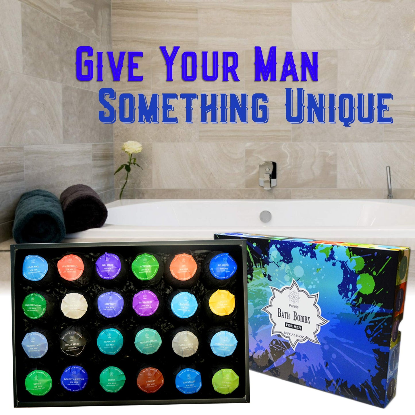 Bath Bomb Gift Sets for Men. 24 Therapeutic Aromatherapy Mens Bath Bombs. Best Gift for Dad and Fathers Day Gift Sets