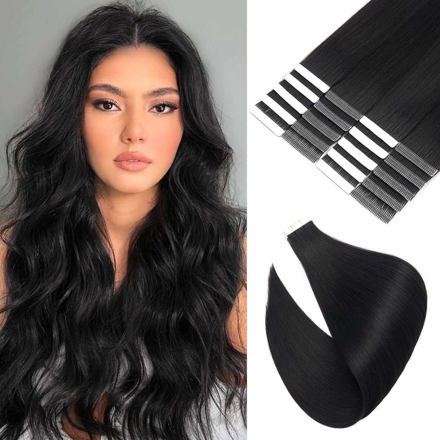 S-noilite Tape in Hair Extensions Human Hair,18 inch Upgraded Double Needle Human Hair Tape in Extensions Seamless Invisible Tape in Hair Extensions Human Hair 50g 20pcs(#1 Jet Black)