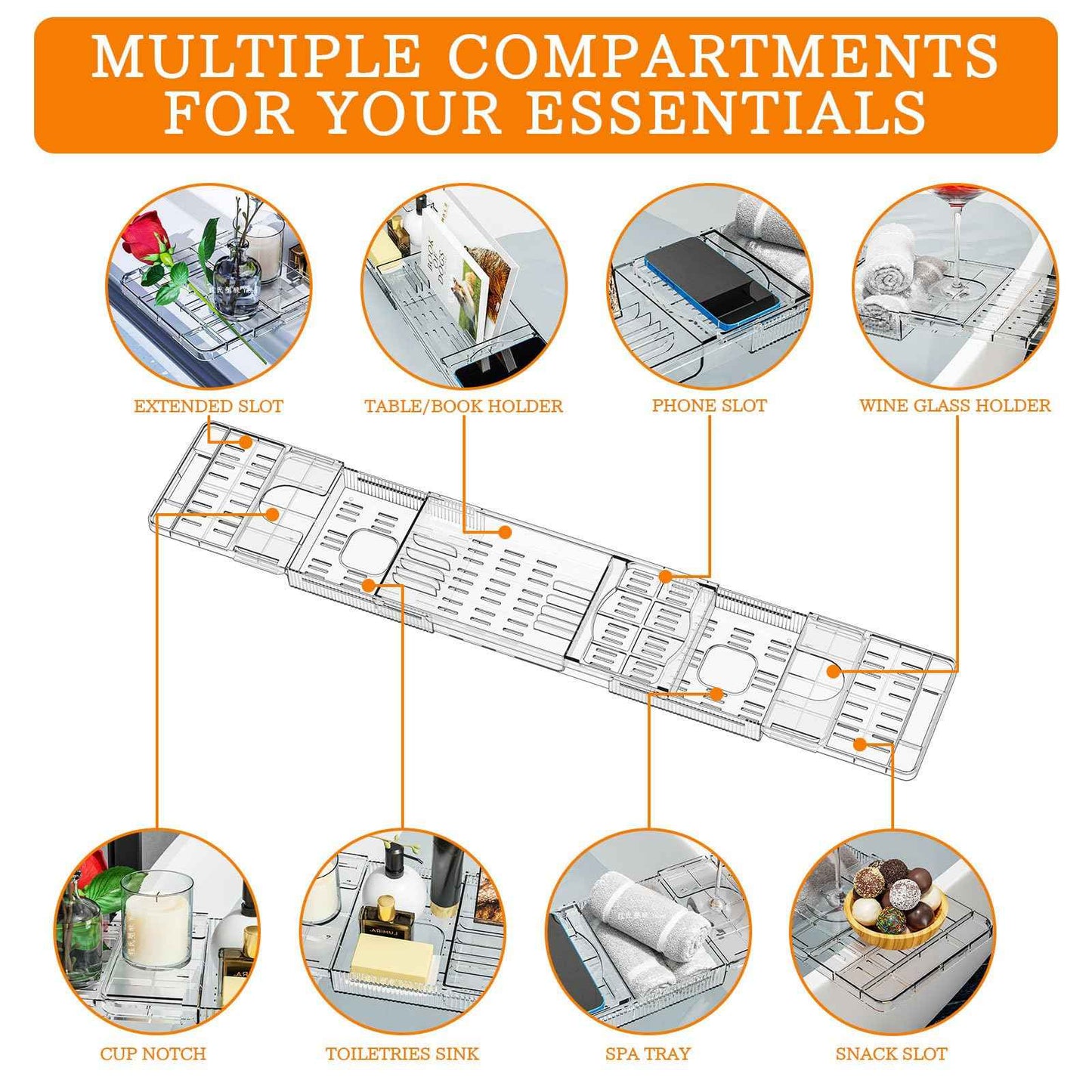 Luxury Expandable Bathtub Tray for Tub, Clear Acrylic Bath Tub Tray with Adjustable Length Up to 31.8", Bathtub Accessories for Relaxing, Bath Accessories for Women