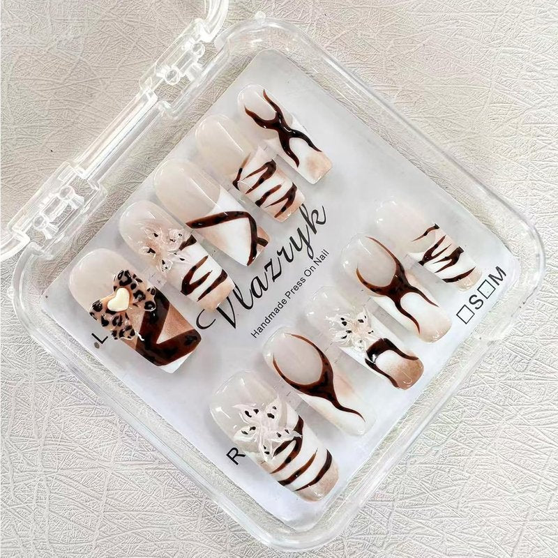 Handmade Press-On Nails - Long Square French False Nails with Charms | 3D Flower, Leopard & Star Designs, Size M