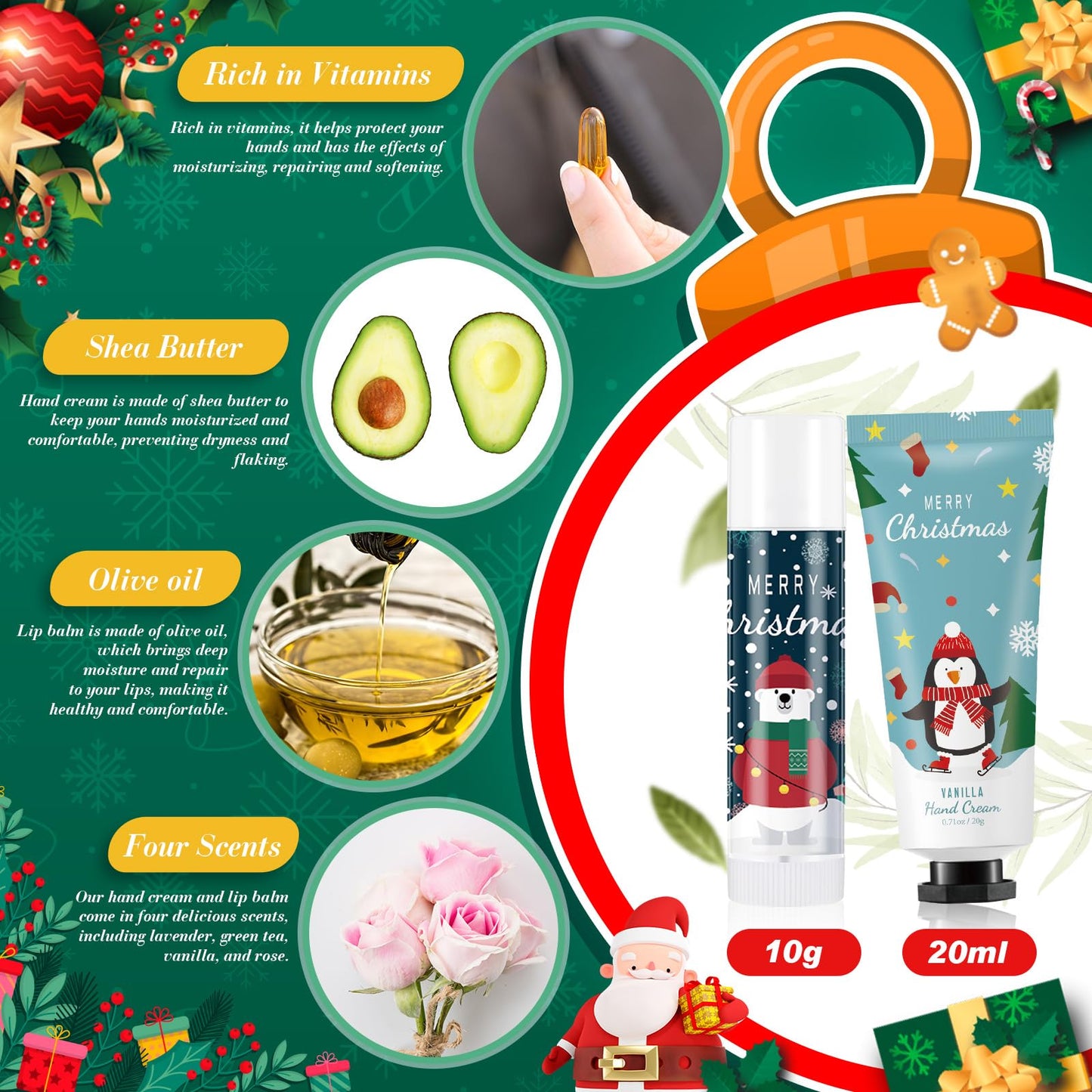 Heigble 24 Set Christmas Hand Cream Gift Set, Including Moisturizing Hand Lotion, Xmas Lip Balm, Gauze Bags, Thank You Cards Natural Fragrant Bulk Christmas Gifts for Coworkers Employees Stuffers