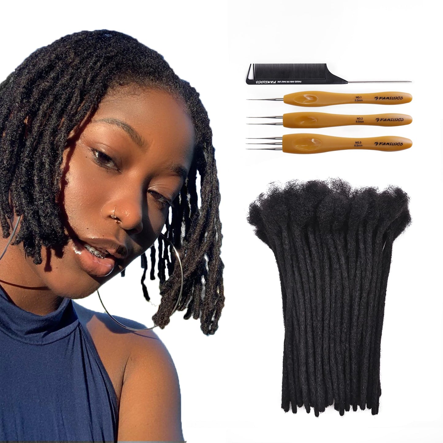 FAMILOCS Dreadlock Extensions Human Hair 12 Inch 0.6cm Width 10 Strands Loc Extensions for Man/Women Handmade Permanent Soft Locs with Needle and Clips