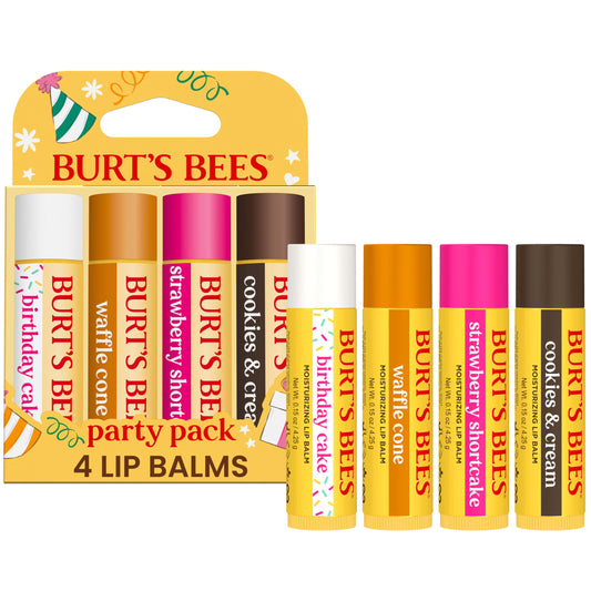Burt's Bees Lip Balm Party Pack, Birthday Cake, Waffle Cone, Strawberry Shortcake, and Cookies & Cream, All Day Moisturizer, Tint-Free, Natural Origin Conditioning Lip Treatment, 0.15 oz., Four Tubes