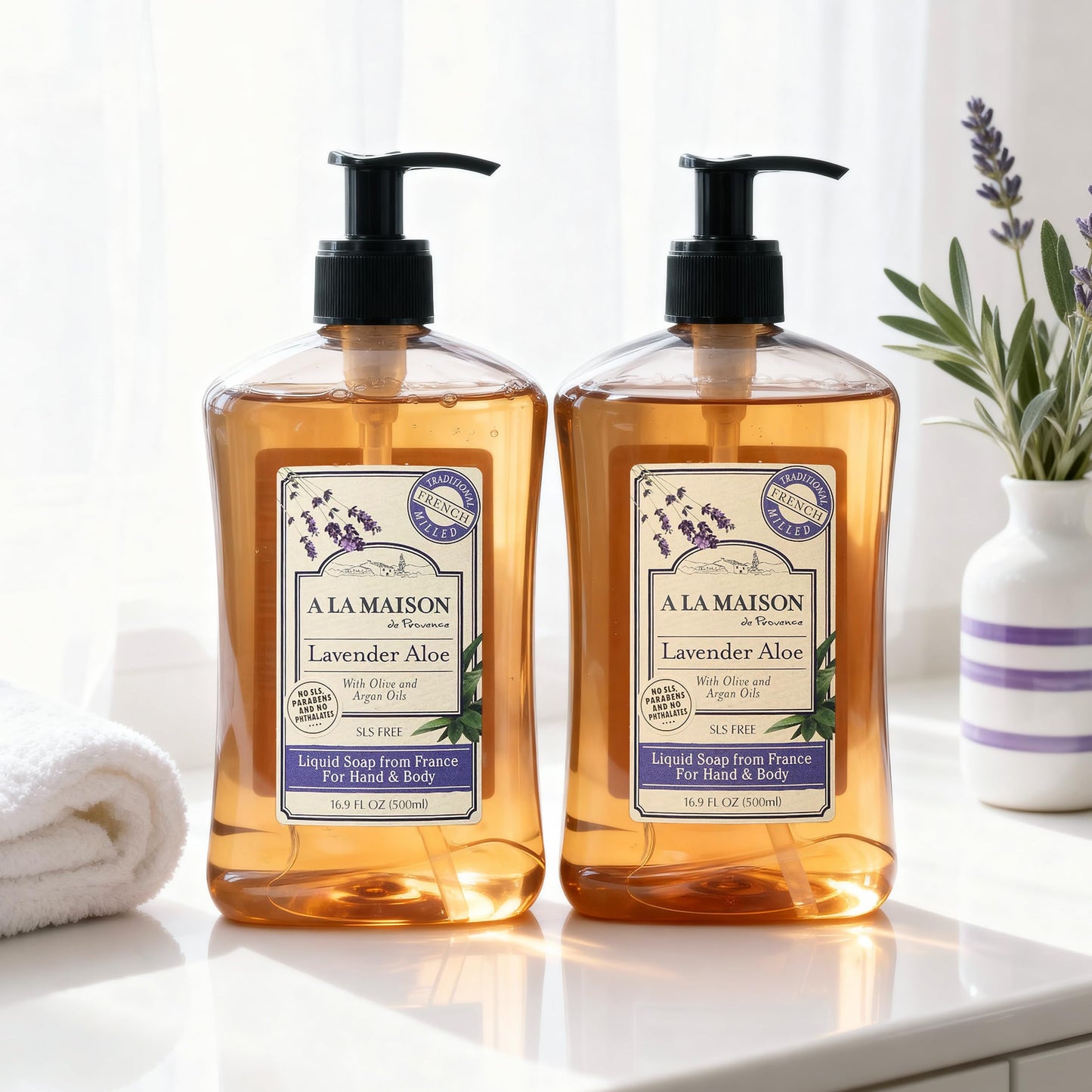 A LA MAISON Lavender Aloe French Liquid Hand Soap - Natural Hand Wash Made with Essential Oils - Biodegradable, Plant-Based, Vegan, Cruelty-Free, Alcohol & Paraben Free (16.9 oz, 2 Pack)