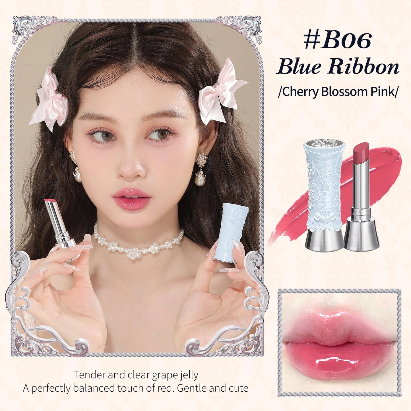 Flower Knows Swan Ballet Shine Lipstick,Hydrating Solid Lip Gloss,Moisturizing Pink Tinted Lip Balm-Long Lasting Lip Gloss in Balm for Girls&Women(B06 Blue Ribbon)