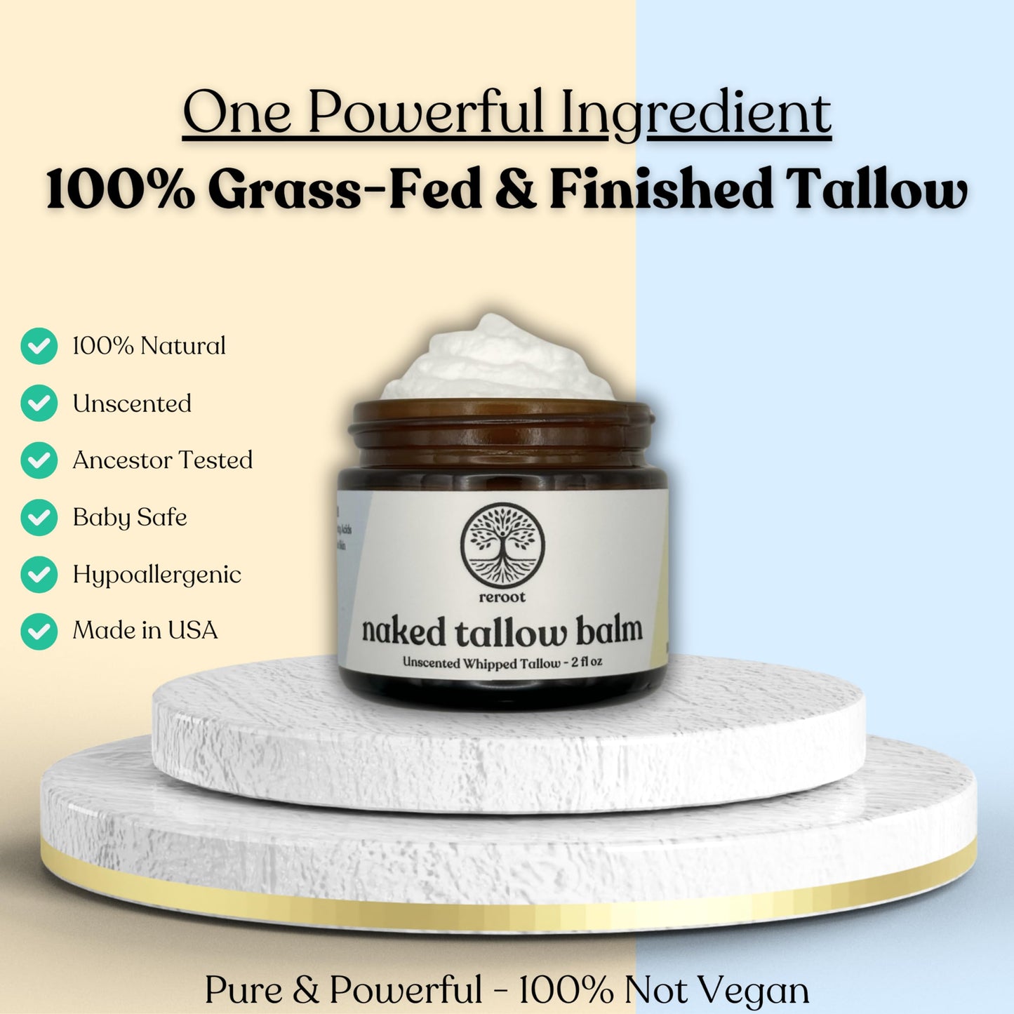 Reroot Organics Beef Tallow Balm for Skin | NAKED TALLOW BALM | 1 Ingredient - 100% Grass Fed Grass Finished Tallow | Whole Body & Face Moisturizer | Whipped | Dry Skin, Eczema, Rosacea, (2oz)