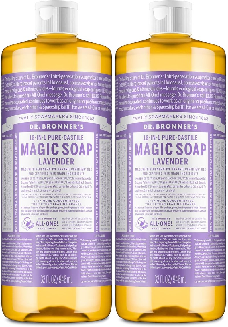 Dr. Bronner's Magic Soap - Lavender Pure-Castile Liquid Soap | 32 oz, 2-Pack - Vegan, Organic, Multi-Use Formula