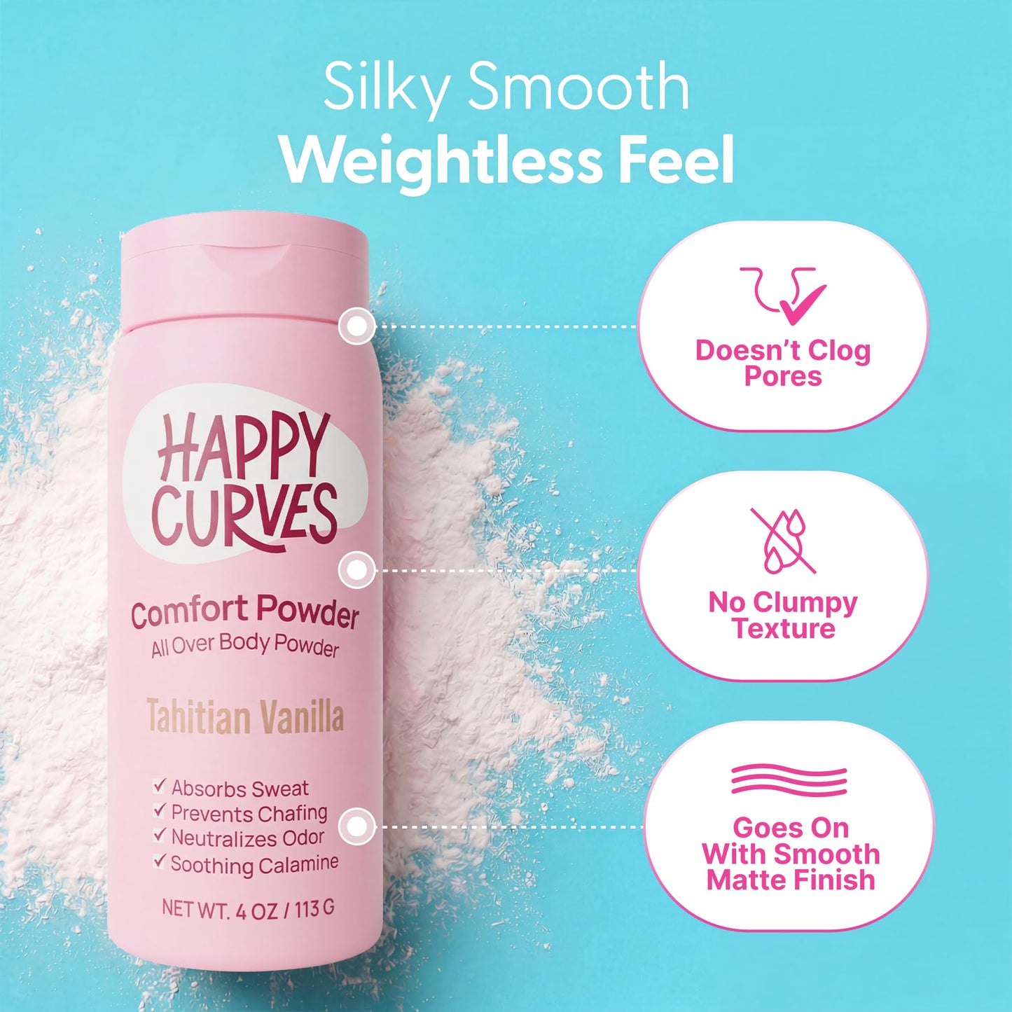 HAPPY CURVES Comfort Powder: Talc Free Anti Chafe Body & Foot Dusting Powder Deodorant for Inner Thigh Chafing, Private Areas, and All Over Body for Women 4oz (Pack of 1), Tahitian Vanilla
