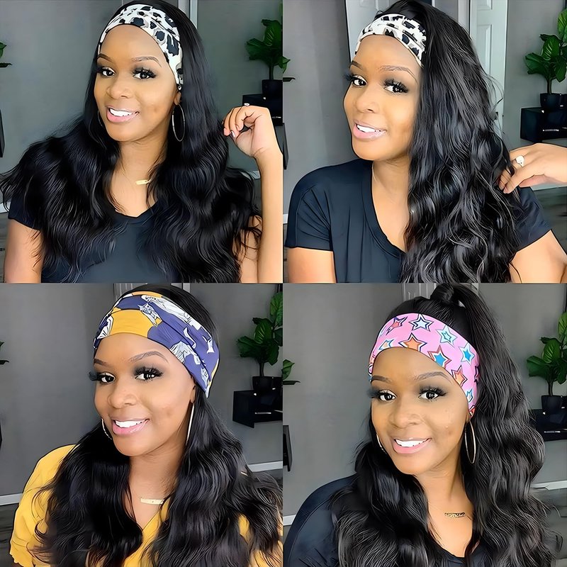 Fylora Headband Wig Human Hair Body Wave 14 Inch Headband Wigs for Black Women Brazilian Virgin Hair Wear and Go Glueless Wig None Lace Front Wigs for Beginners 150% Density Natural Black Color