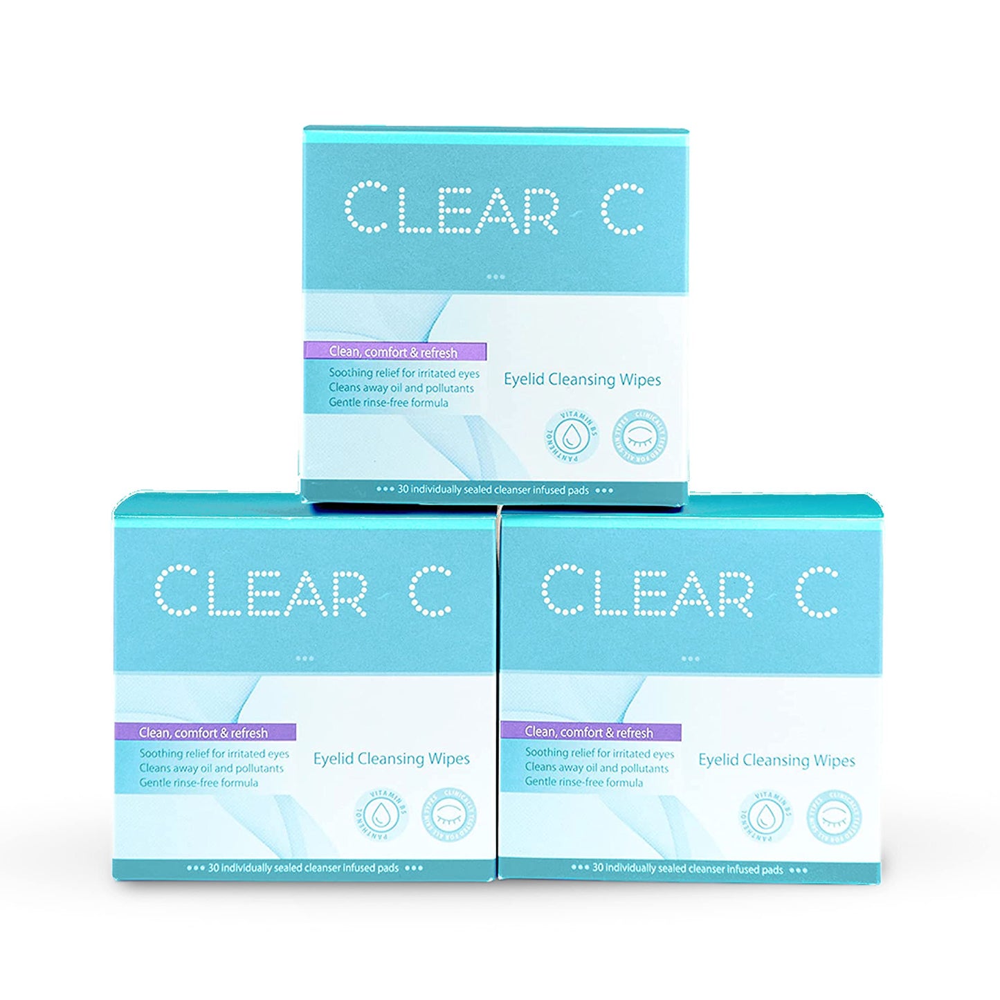 Clear C Eyelid Wipes Pre-Moistened for Dry Eyes – Rinse Free Eye Lid Cleaning – Individually Wrapped Travel Eye Wipes, 3 Boxes of 30
