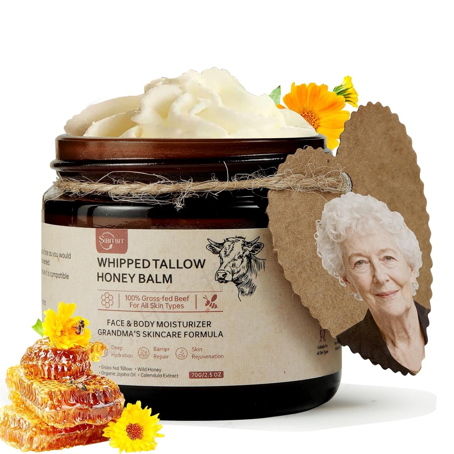 Beef Tallow Honey Balm - 100% Organic Grass-Fed Moisturizer | 2oz Face & Body Cream for Sensitive Skin