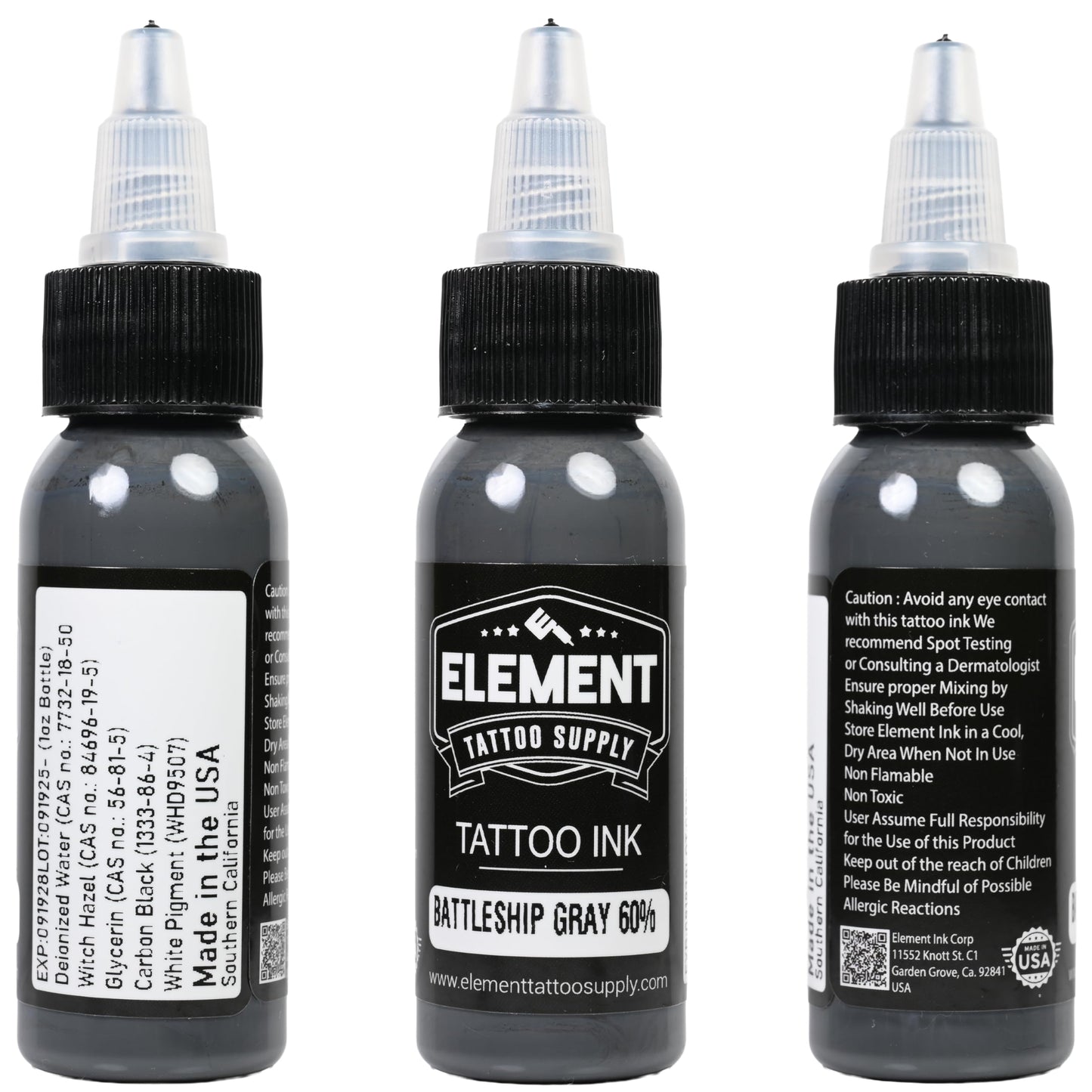 Element Tattoo Supply Battleship Gray Tattoo Ink Set - 4 Shades of Grey, Light, Medium, Medium Dark & Dark Tones, Professional Grade Tattoo Inks for Mixing & Blending, 1 oz Bottle (4 Pack)