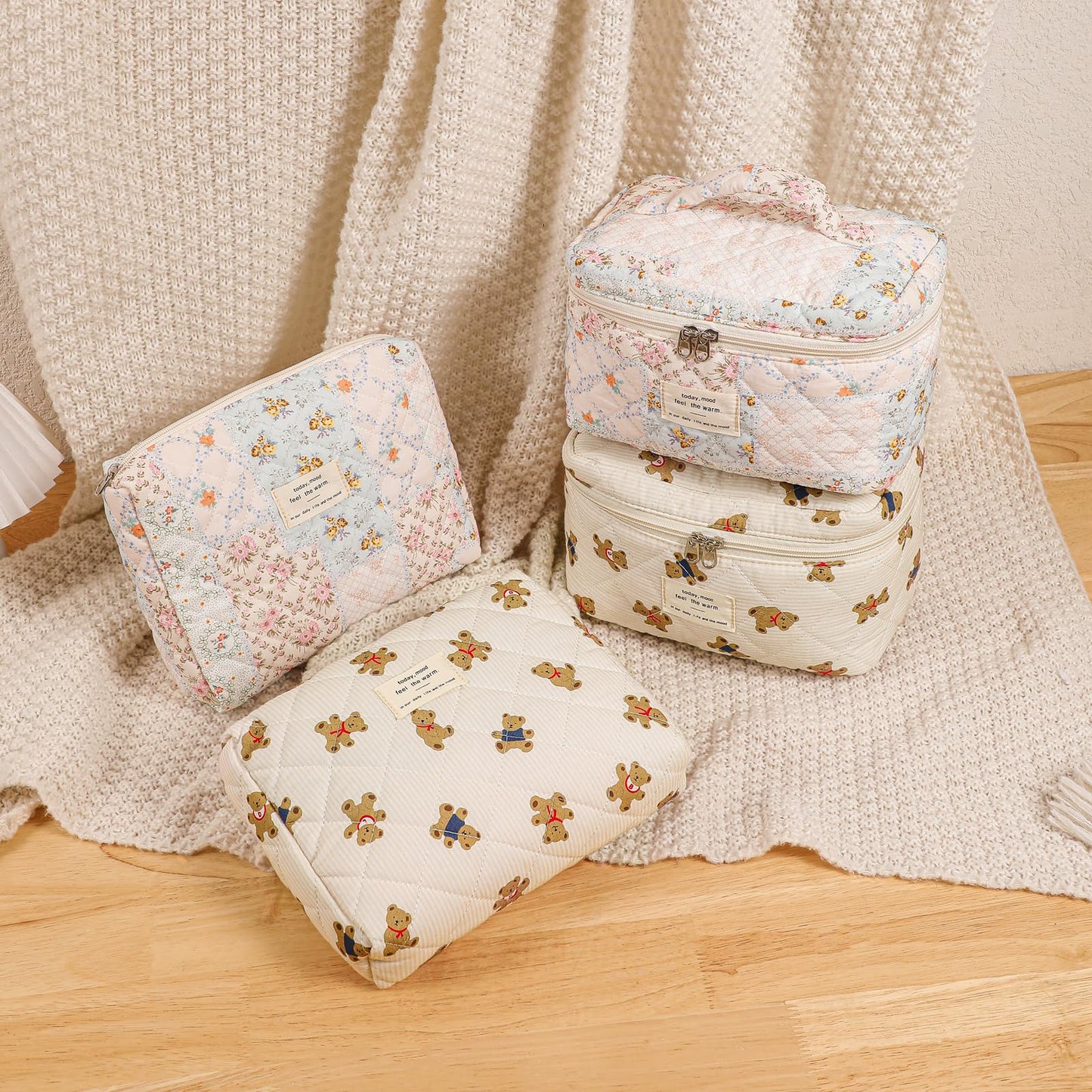 uekeboag 3Pcs Quilted Cotton Makeup Bag,Coquette Quilted Toiletry Bag for Women and Girls,Floral Coquette Pouch,Cute Kawaii Travel Cosmetic Bags(3Pcs pink flower)