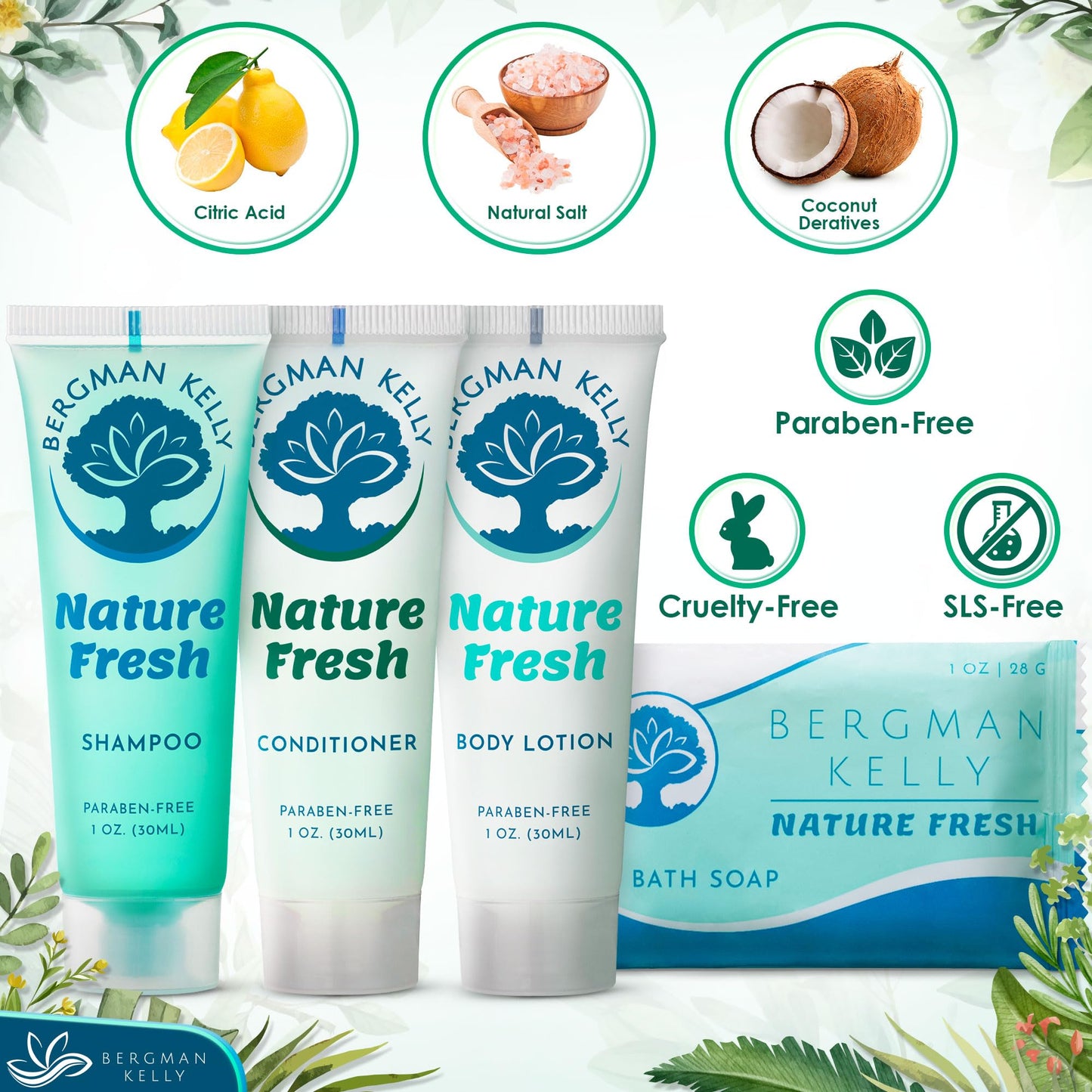 Bergman Kelly Hotel Toiletries Bundle (Nature Fresh, 1 oz each, 100 Pieces) 4-Piece Set: 25 Rectangular Bar Soap, 25 Shampoo, 25 Conditioner & 25 Body Lotion - Bulk Mini Guest Amenities