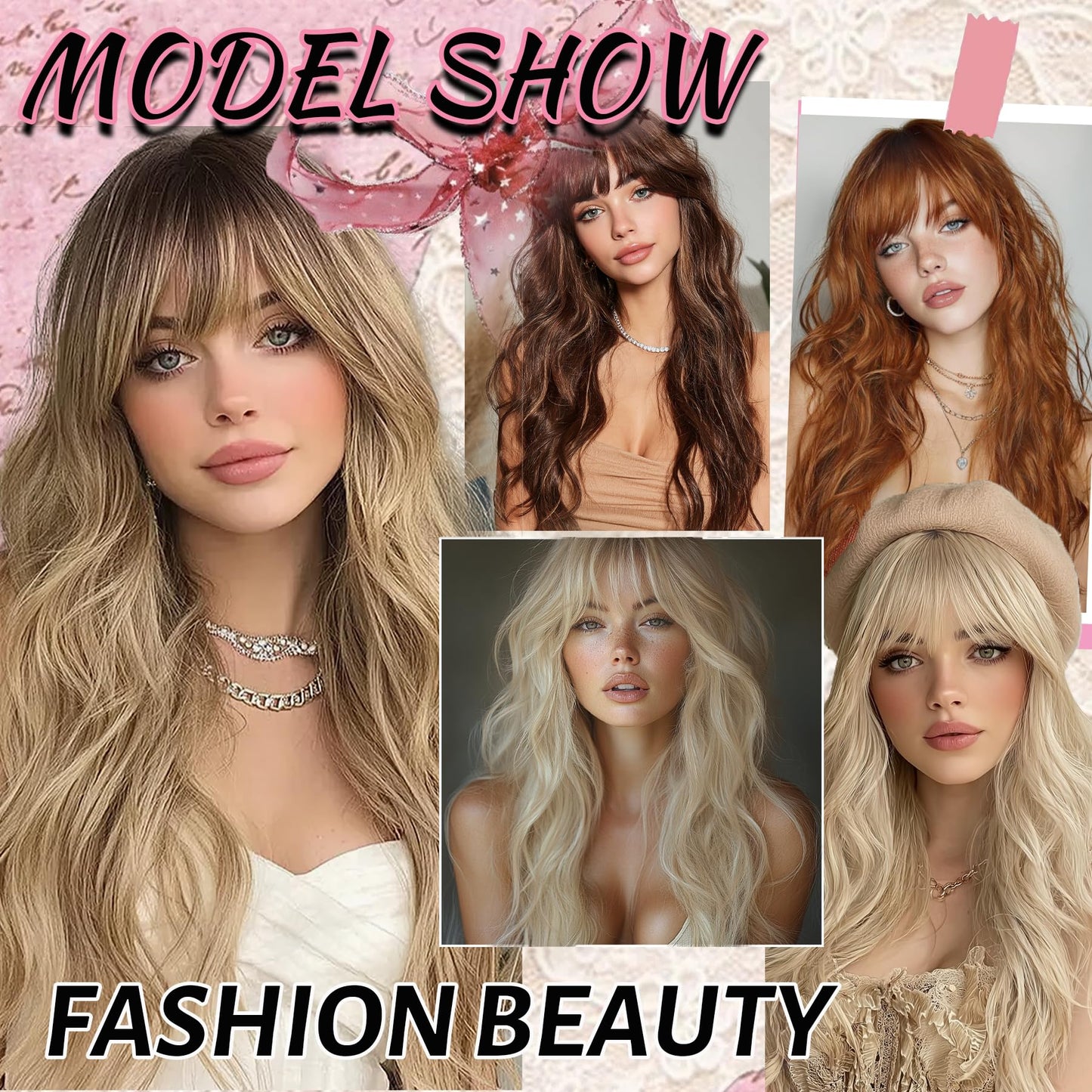 Ombre Blonde Wig with Bangs Long Wavy Wig Curly Wigs for White Women 26 Inches Synthetic Wig Dirty Blonde Wig with Dark Roots Natural Looking Hair Replacement Wigs for Women Holiday Daily Party Use