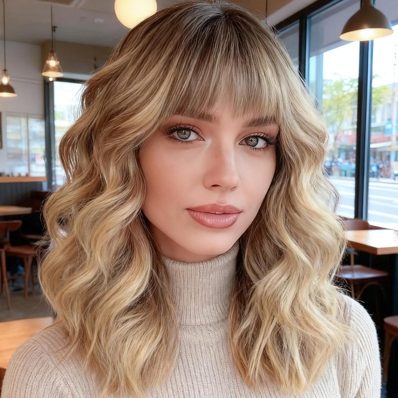 Blonde Wavy Wig for Women - Natural-Looking Synthetic Bob with Bangs | Heat-Resistant Curly Ombre Hair for Cosplay