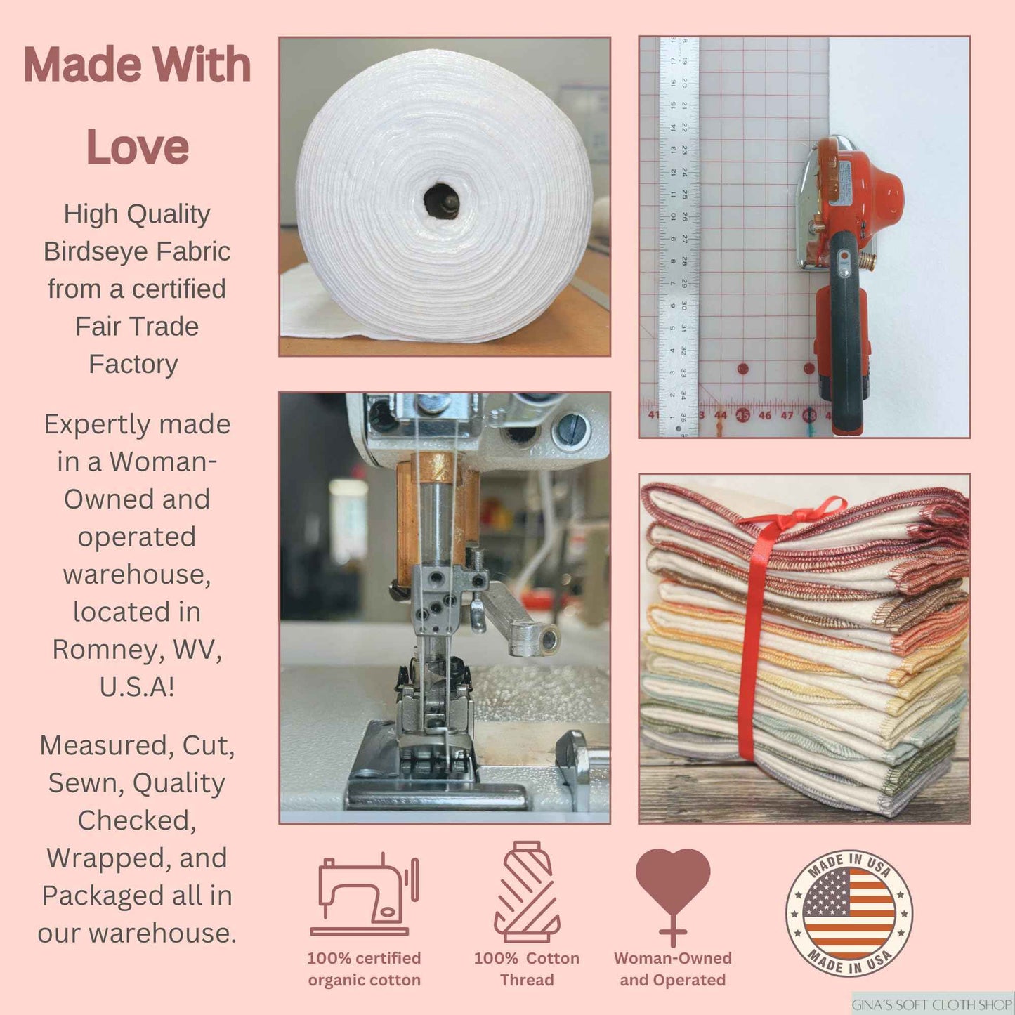 Gina's Soft Cloth Shop Washable Flannel Napkins 8x8 1 Ply Rainbow 10 Pack Proudly Made in the USA!