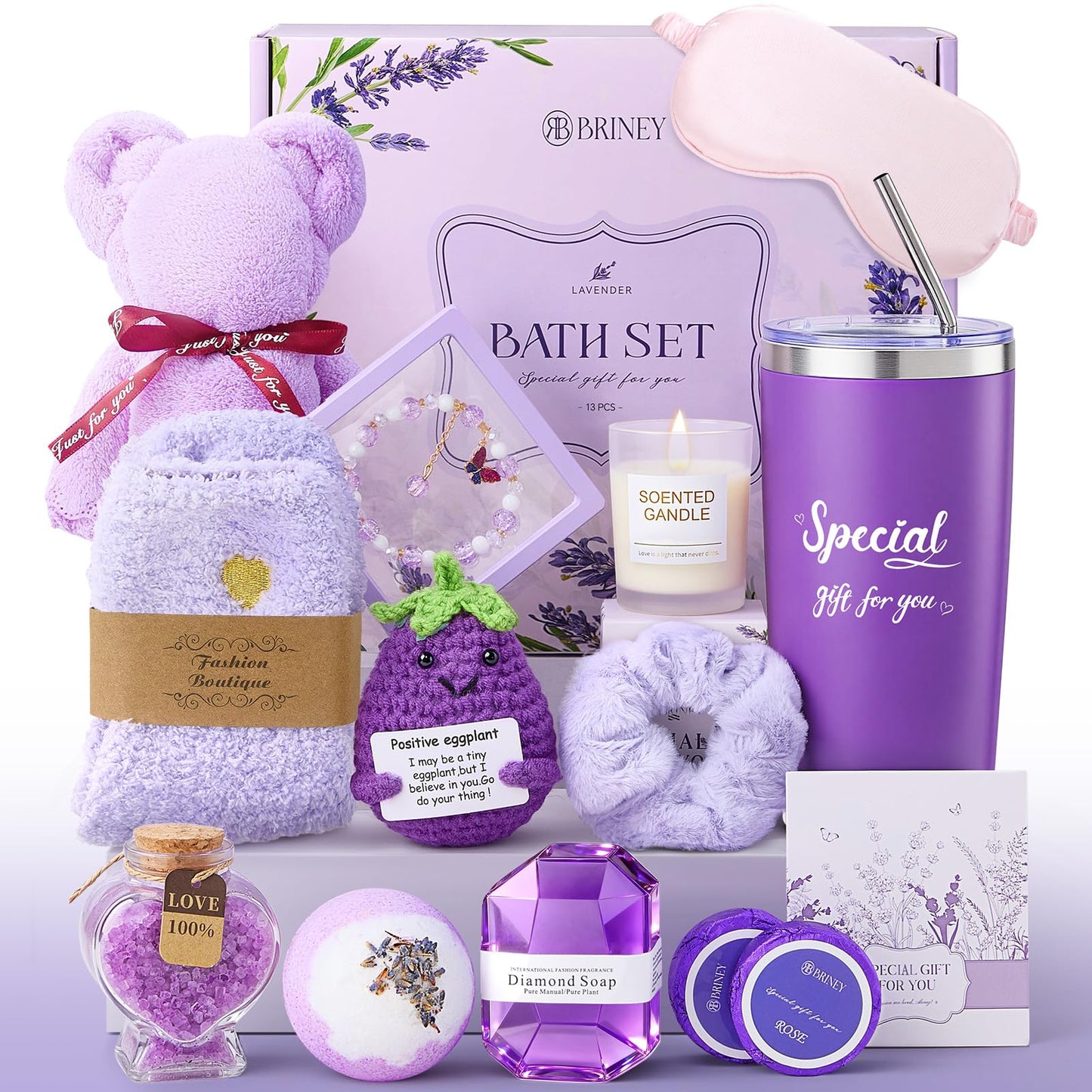 Briney Gift Baskets for Women, Mothers Day Gifts for Friends, Purple Birthday Valentines Women Day Easter Gifts Lavender Care Package Spa Basket for Girlfriend Wife Mom Sister