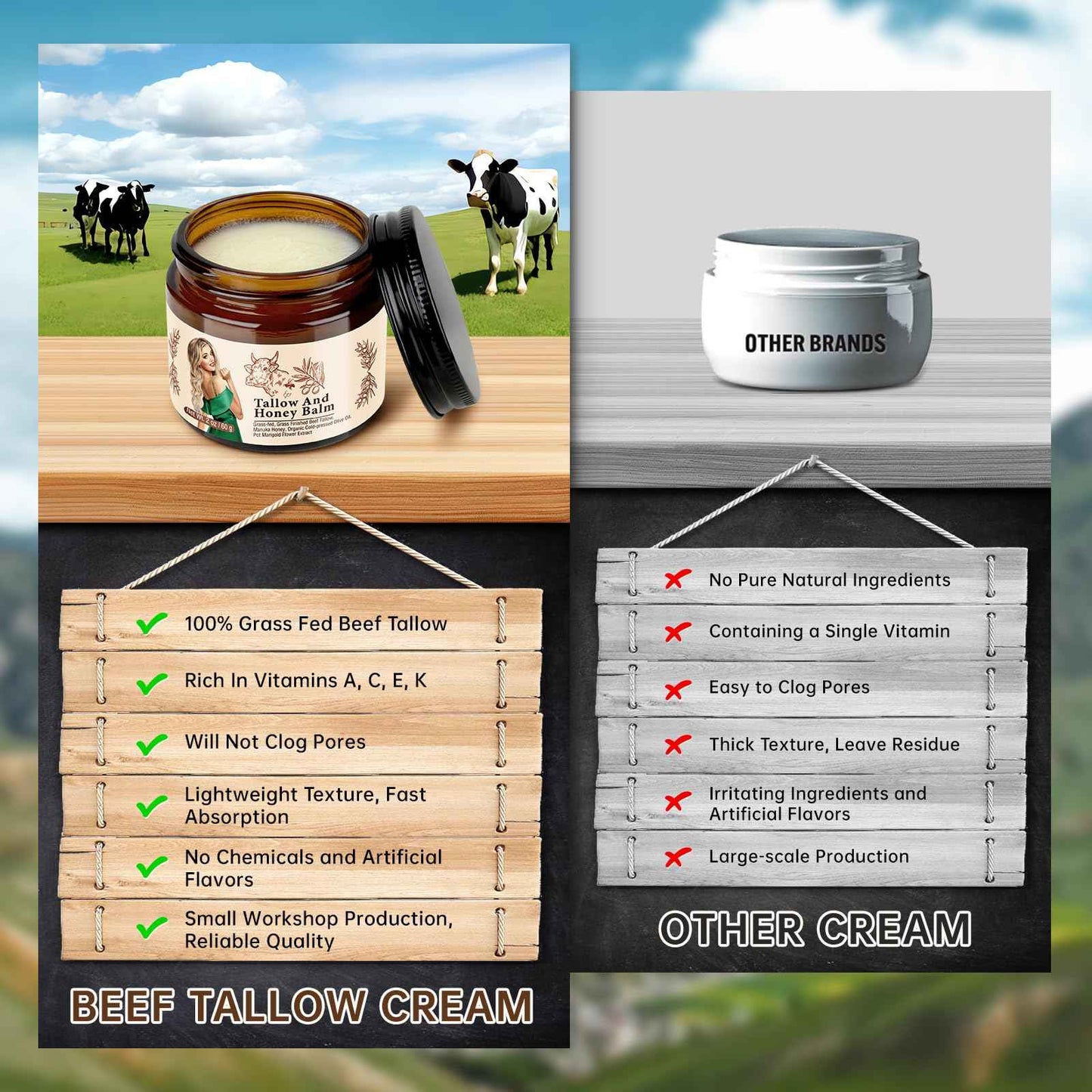 Grass Fed Beef Tallow and Honey Balm For Skin, Organic Beef Tallow Face Cream For Dry Skin, Deep Moisturizing Tallow Body Butter Lotion For Cracked Skin Care, 2 OZ Beef Tallow Moisturizer, 2 PCS.