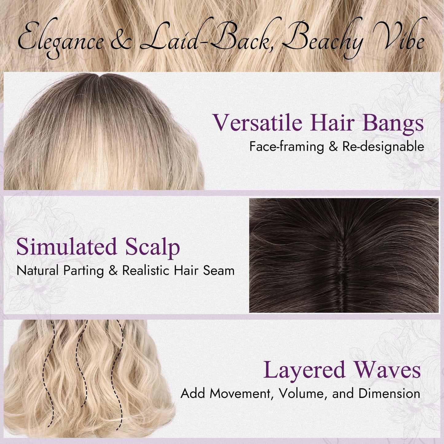 BARSDAR Blonde Ombre Short Wavy Wig with Bangs - Short Wavy Blonde Ombre Wig for Women - Fluffy Soft Synthetic Dark Roots Curly Textured French Bob Wigs with Bangs Natural Looking Face-Framing