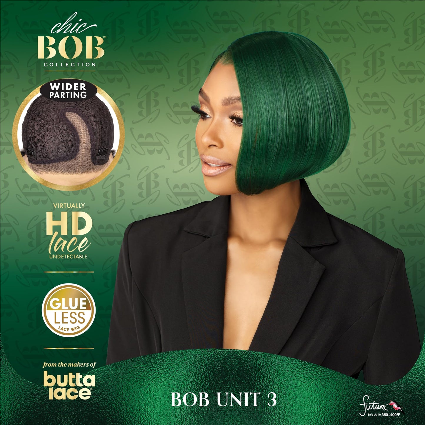 Sensationnel Chicbob Lace Frontwig - Bob Unit 3 Face Framing Glueless Wig Wide 5 Inch Deep Part Synthetic Preplucked Hairline (SAPPHIREGREEN)
