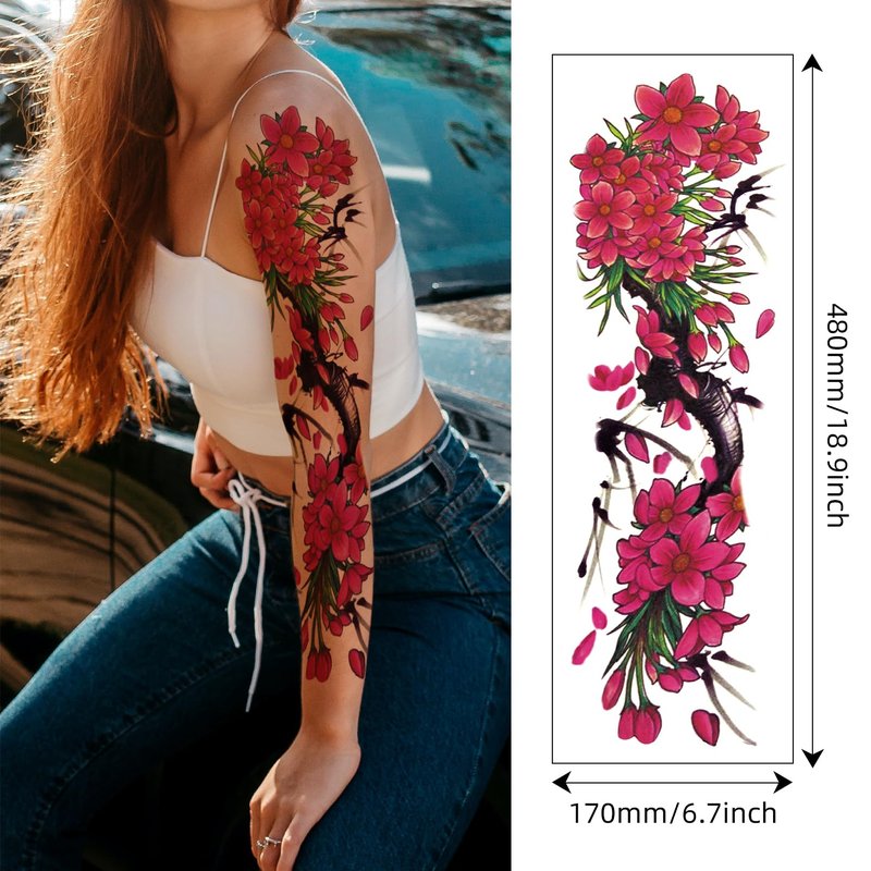 Christmas 8 Sheets Full Arm Temporary Tattoos for Adults, Waterproof Realistic Flower Bird Feather Fake Sleeve Tattoos For Women Men, Tiger Fish Tattoo Set Hand Body Art for Party Celebration Cosplay