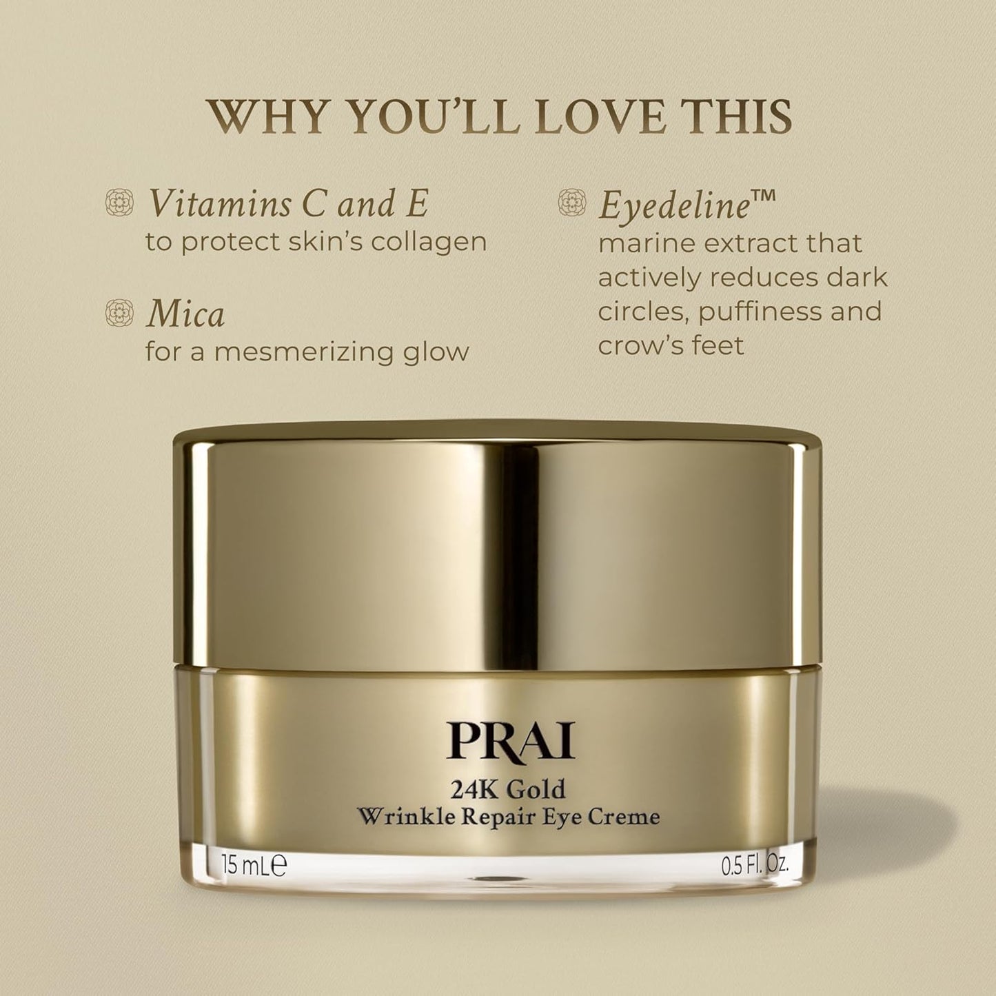 PRAI Beauty 24K Gold Eye Cream - Anti-Aging Wrinkle Repair with Hyaluronic Acid | 0.5 Oz
