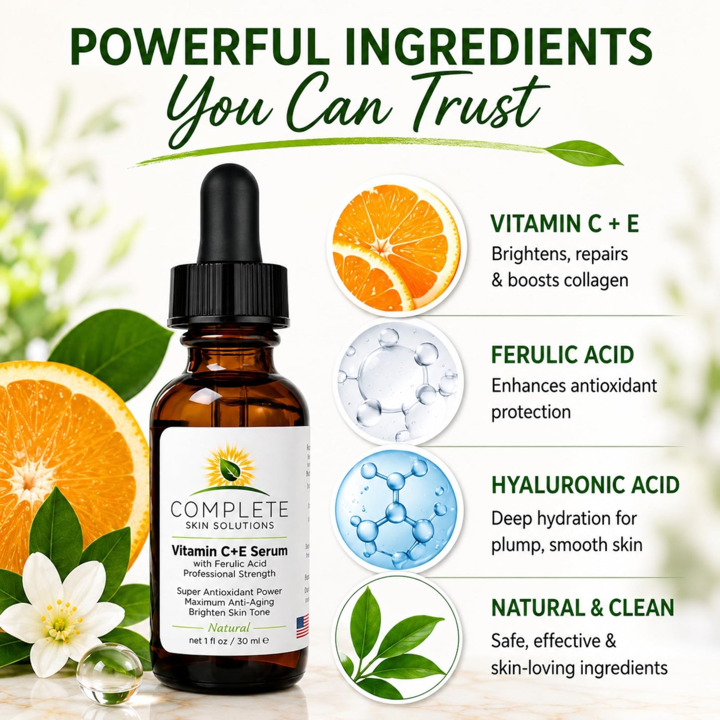Complete Skin Solutions Natural Vitamin C E Serum with Ferulic Acid 1 oz