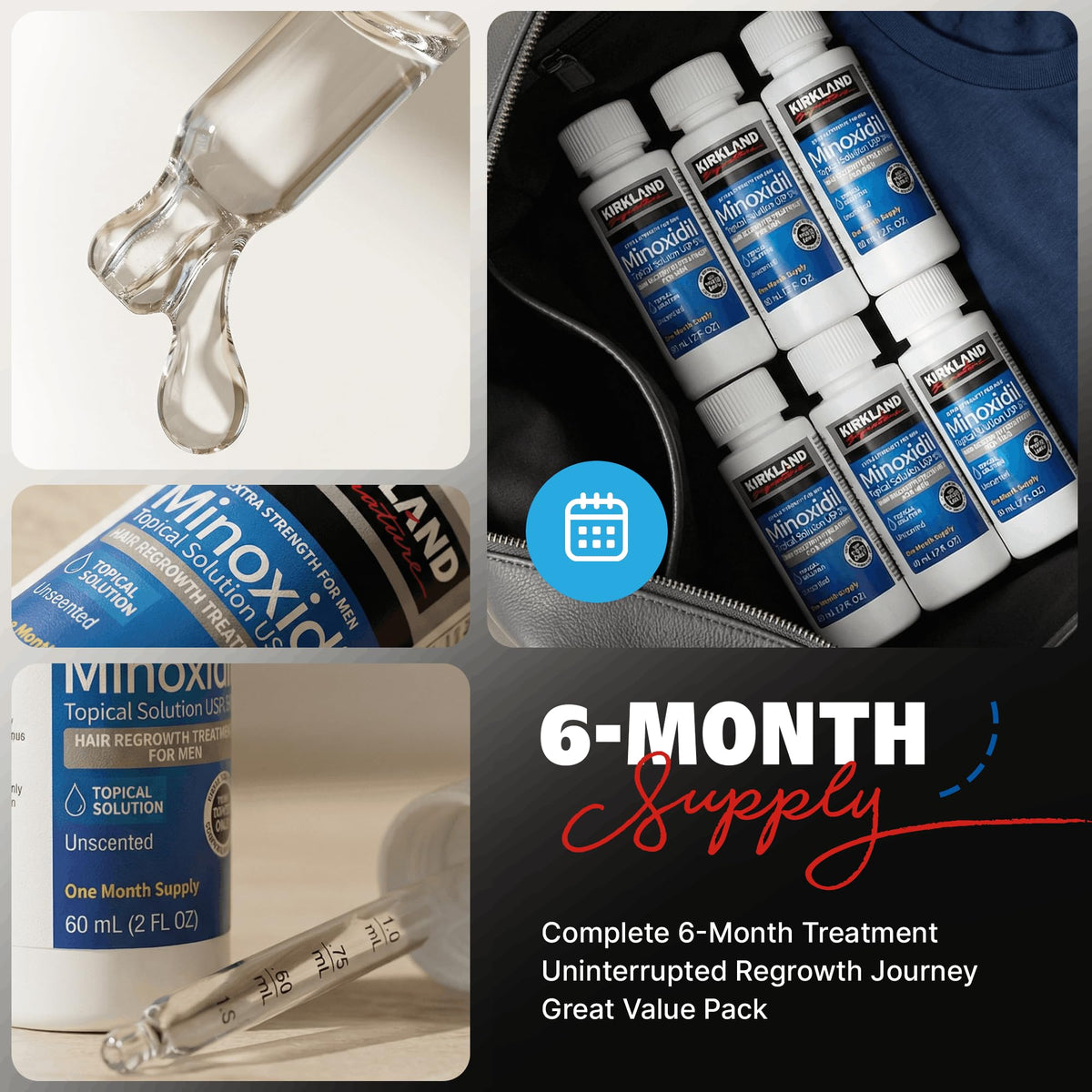 Kirkland Signature Minoxidil Topical Solution USP 5%, Extra Strength Hair Regrowth Treatment for Men, 6 Months Supply