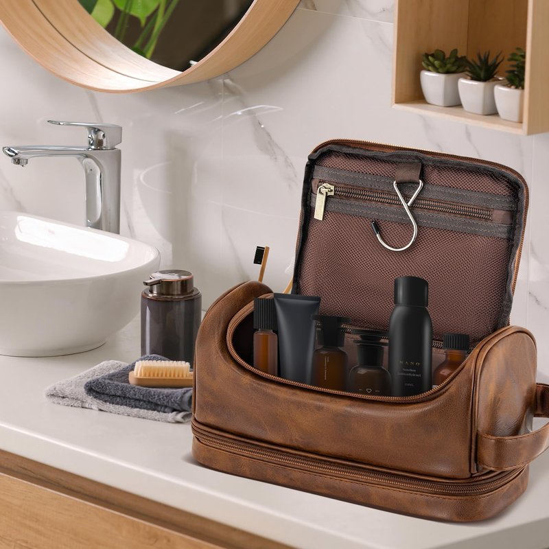 Aganmi Engraved Initial Travel Toiletry Bag 21st 30th 40th 50th 60th 70th 75th 80th Birthday Gifts for Men Him, PU Leather Shaving Bag Gift for Dad Husband Boyfriend Brother Grandpa, Light Brown D