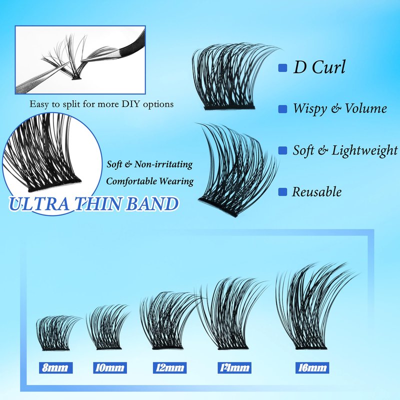 Starryzoom Lashes Clusters Kit Natural Volume Wispy Cluster Eyelash Extensions 336Pcs D-Curl DIY Individual False Eyelashes 8-16MM Mixed with Bond Seal Tweezers