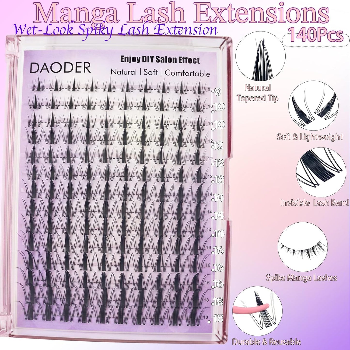 Spiky Lash Clusters - Natural Anime Manga Eyelash Extensions | D Curl, 140pcs, 8-18MM, Reusable