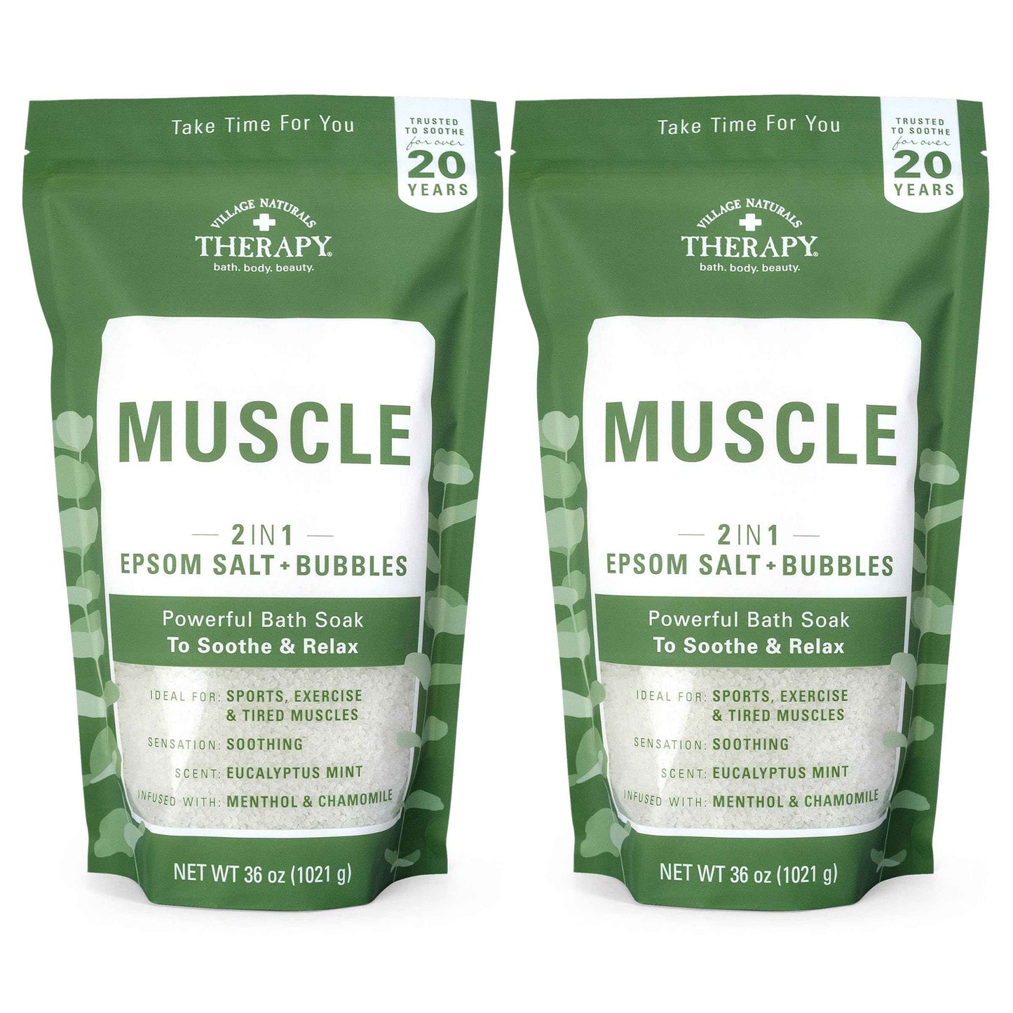 Village Naturals Therapy Muscle Foaming Epsom Soak, Eucalyptus Mint Scent, 36 oz, Pack of 2