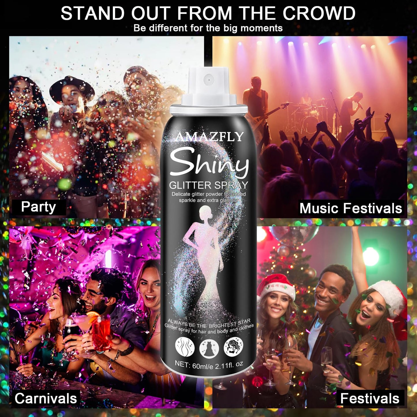Hair and Body Glitter Spray, Aerosol Glitter Spray for Hair and Body, Long-Lasting and Quick-Drying Silver Glitter Hairspray Suitable for Stage, Festival Rave and Makeup Prom (Rainy-Rainbow)