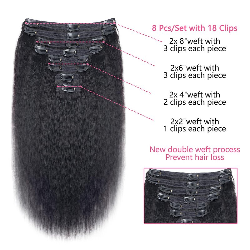 Kinky Straight Clip in Hair Extensions Real Human Hair Clip ins Natural Black Double Weft Clip ins for Women 12 Inch 120g 8pcs Kinky Straight Clip on Extensions Human Hair #1B Natural Color