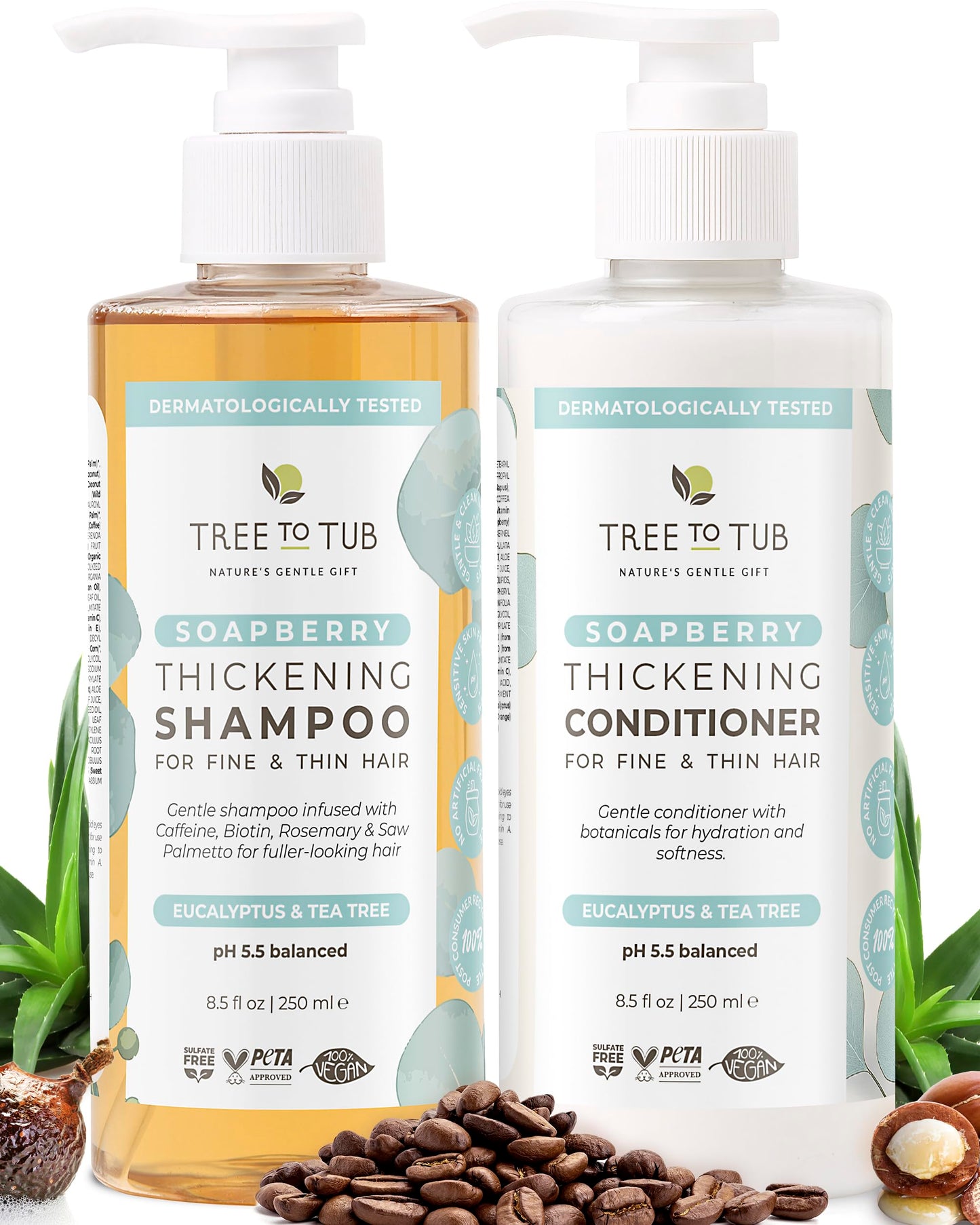 Tree To Tub Volumizing Biotin Shampoo and Conditioner Set - Activating Caffeine for Fuller Hair, Thickening Shampoo and Conditioner for Women & Men, Sulfate Free w/Natural Soapberry Organic Argan Oil