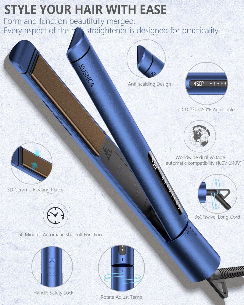 KUSNCA Professional Titanium Flat Iron, Hair Straightener and Curler Iron 2 in 1, Negative Ion Straightening, Dual Voltage Travel Pack, Front Anti-Scald Function, LCD 230°F-450°F, 1 Inch (Blue)