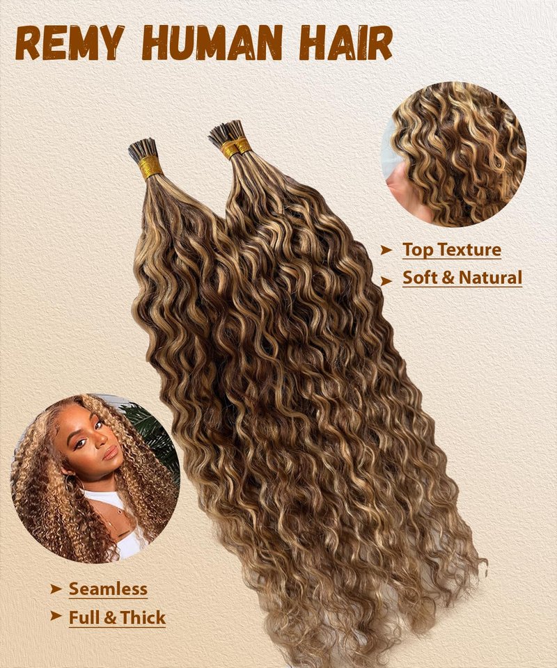 Curly I Tip Hair Extensions Human Hair 4P27 Water Wave Cold Fusion Itip Flawless Microlinks Hair Extensions Invisible Blends Naturally Individual Strands for Black Women 50G 16Inch Brown to Blonde