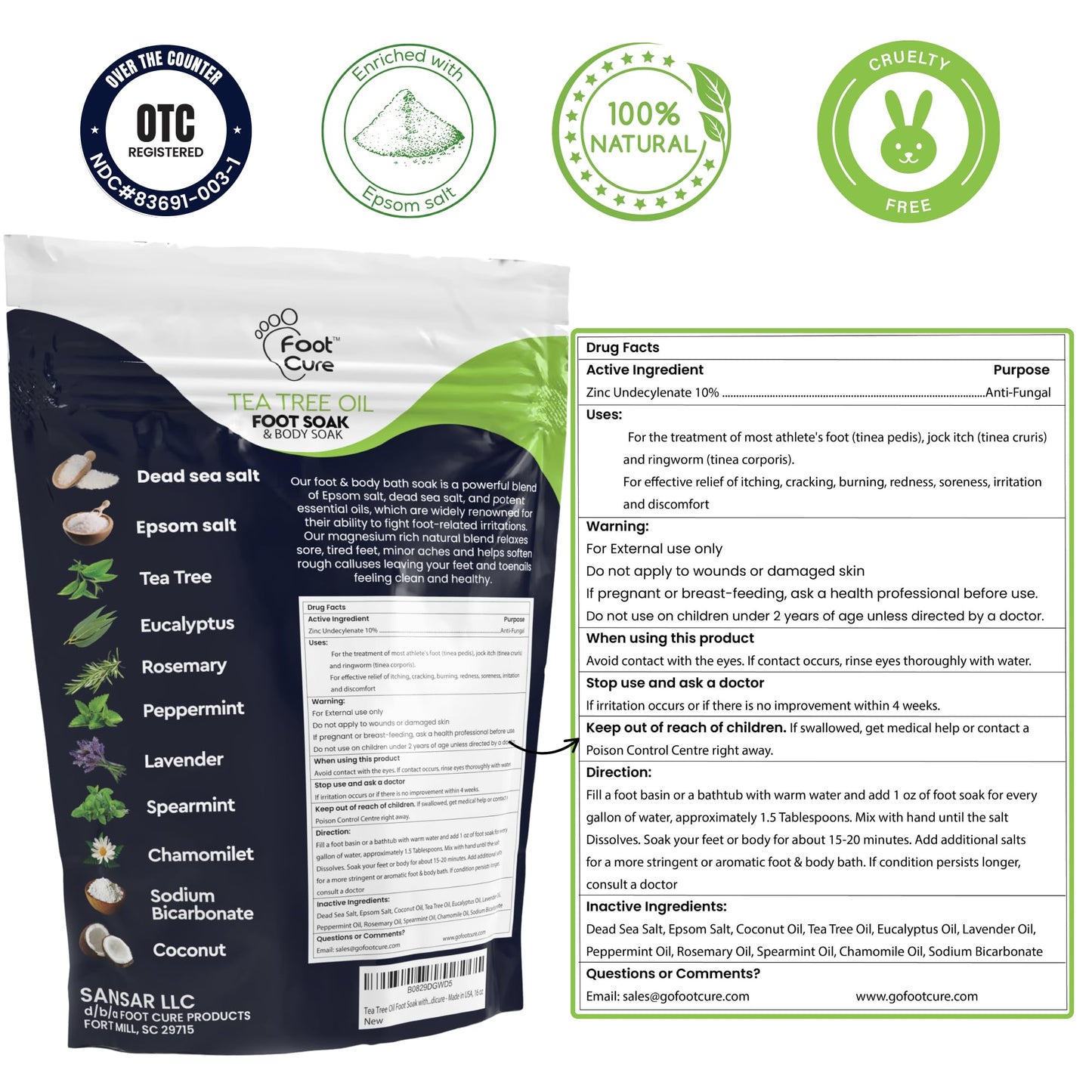 FOOT CURE Tea Tree Oil & Soothing Lavender Foot Soak with Epsom Salt - Best Toenail Treatment & Softens Calluses - Soothes Sore & Tired Feet, Foot Odor Scent, Spa Pedicure - 16 oz (Pack of 2)