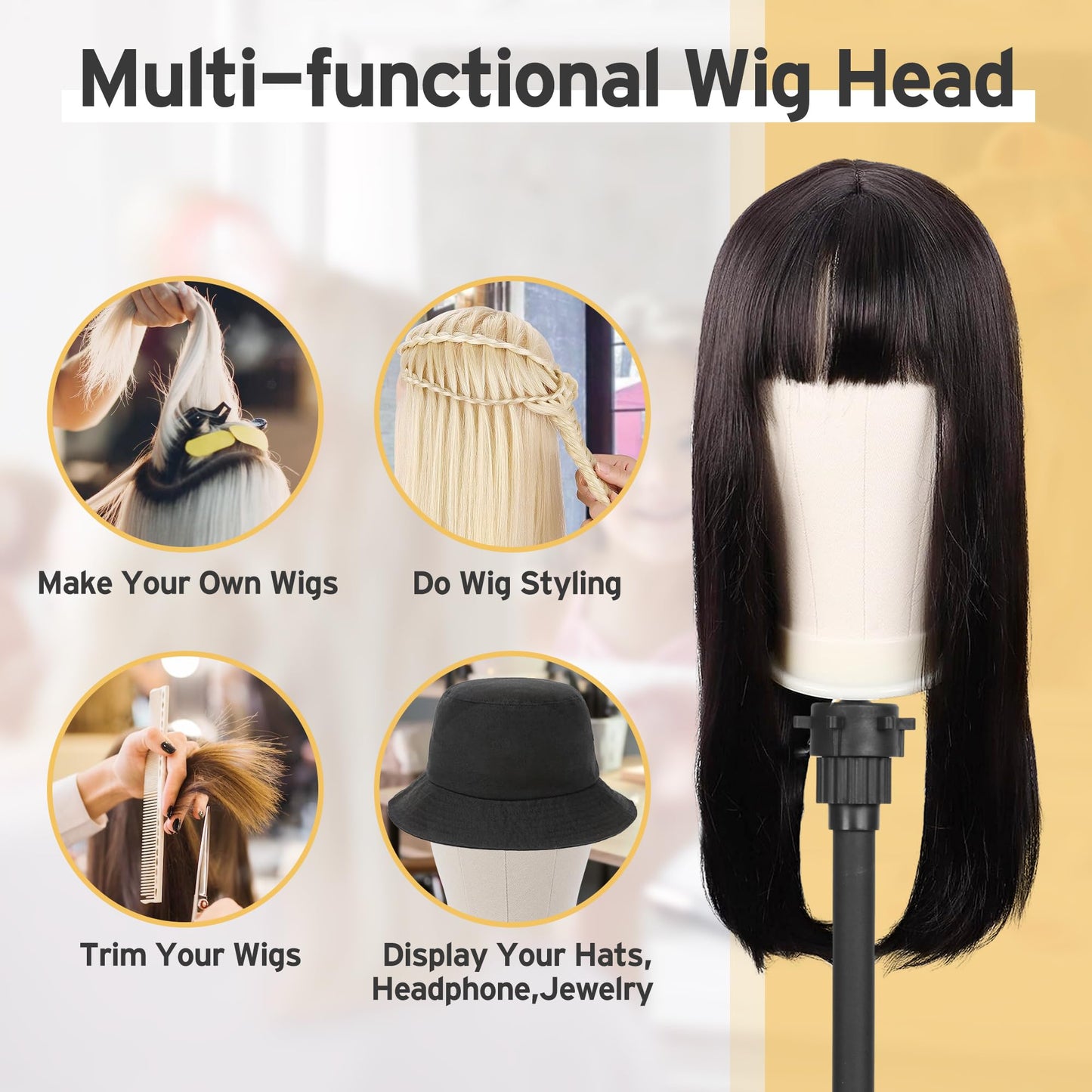 Klvied Desktop Wig Stand Set with 22 Inch Cork Canvas Head, Adjustable 15.4-22.4 Inch Stand, Table Clamp Wig Holder for Wig Display, Trimming and Styling Practice