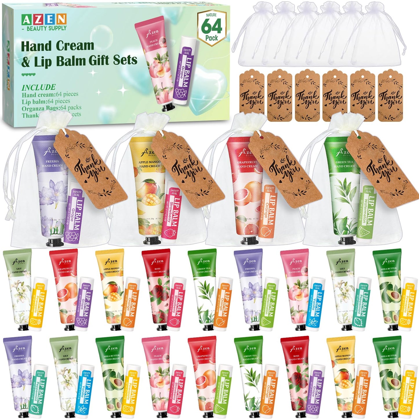 AZEN 64 Sets Bulk Gifts, Hand Cream and Lip Balm Bulk Set with Organza Bag Thank You Card, Baby Shower Wedding Gifts for Guests, Bridal Wedding Favors, Valentines Gift for Women