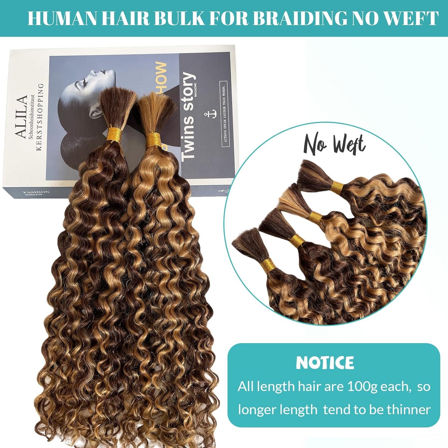 Human Braiding Hair - Deep Wave Ombre Curly Bulk Hair, 100g 2 Bundles | 14in P4/27 Highlight Brown for Boho Braids