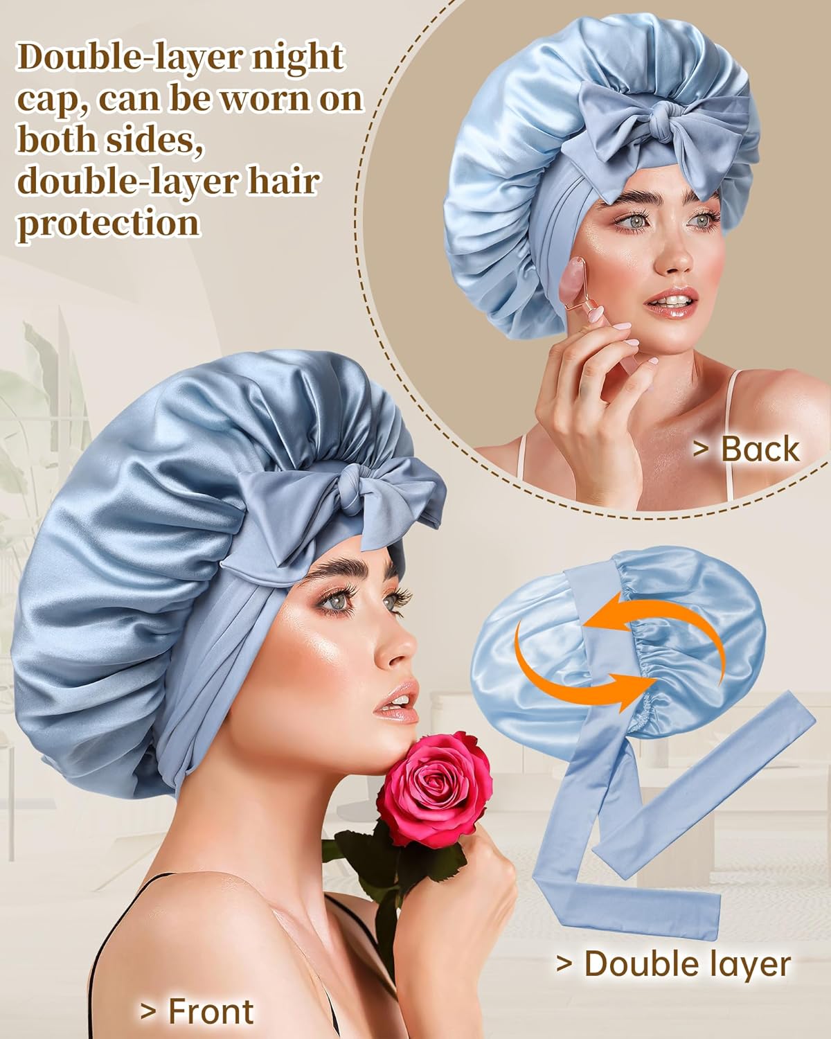 Silk Hair Bonnet for Sleeping - 100% Mulberry Silk with Elastic Tie Band & Scrunchies | Mist Blue & Sky Blue