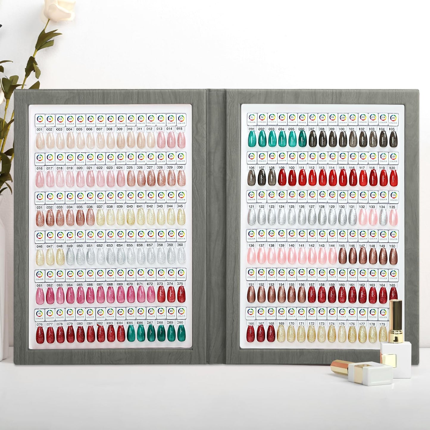 C12rtive 180 Magnetic Nail Swatch Book,Leather Magnetic Color Display Book with 192 Magnetic Tips & 1-180 Number Labels,Perfect for Nail Polish Nails Art Design(Grey)