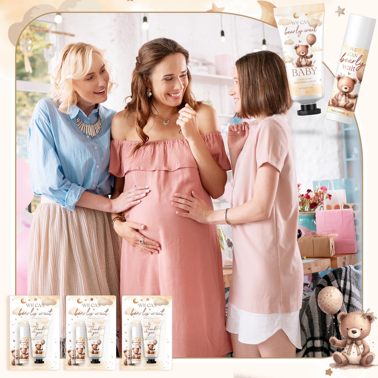 Dansib 30 Set Gender Reveal Gifts for Guests 30 Pcs Bear Baby Shower Hand Cream and 30 Pcs Lip Balm with 1 Wooden Stand for Guests Baby Shower Prizes Party Favors Gender Reveal Souvenirs