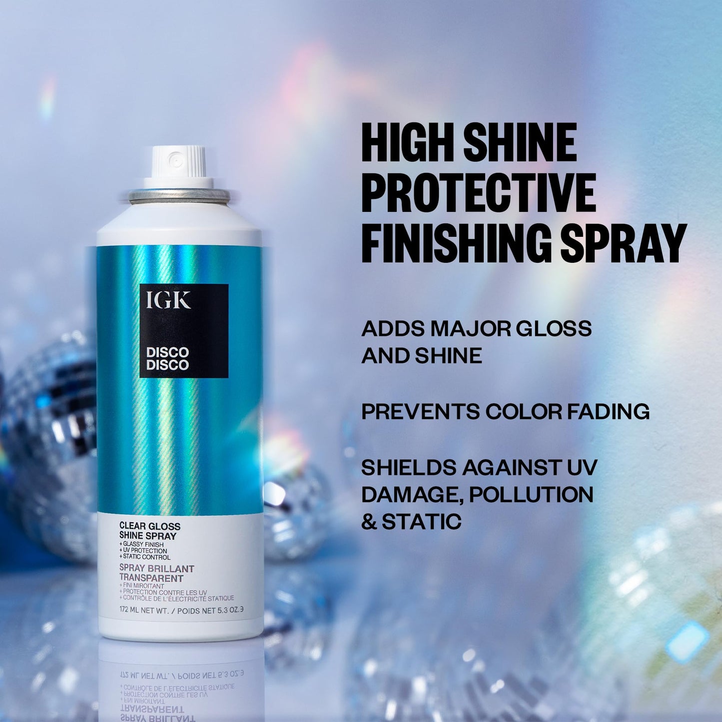 IGK Disco Disco Clear Gloss Shine Spray | Weightless Glassy Shine with a Soft Non-Greasy Finish | UV Protection Finishing Spray | 5.3 Oz