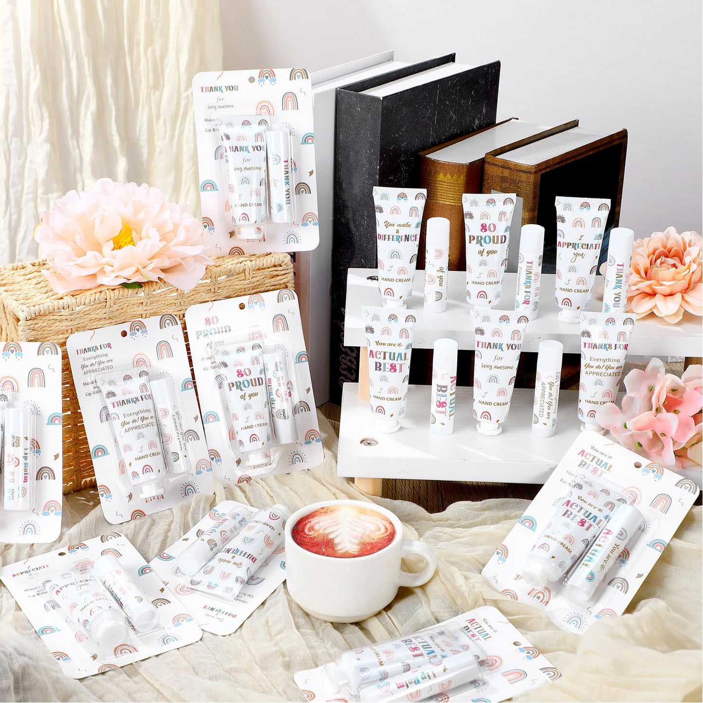 Loopeer 24 Set/ 48 Pcs End of Year Teacher Employee Appreciation Gift Bulk Boho Rainbow Lip Balm Hand Cream Lotion Set Small Staff Team Thank You Gifts Party Favors for Women Employee Coworker